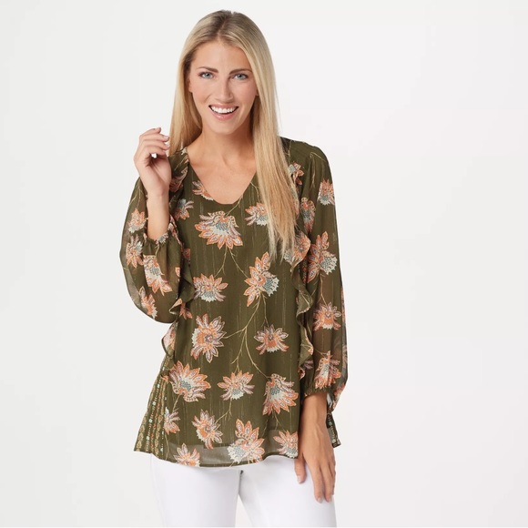Belle by Kim Gravel chiffon blouson ruffle top green - Picture 4 of 5